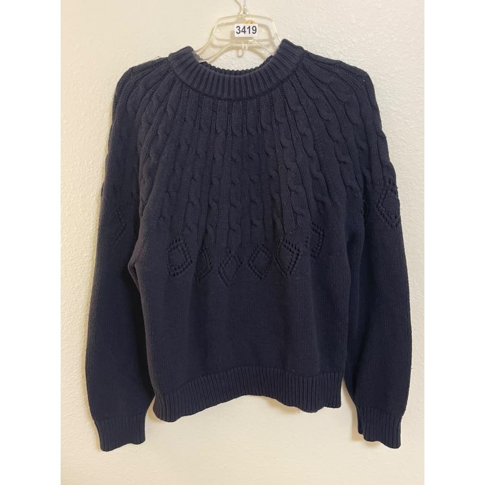 Ann Taylor Weekend Navy Blue Cable Knit Pointelle Crew Neck Sweater Large